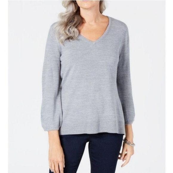 Karen Scott Puff Sleeve V-neck Sweater Gray - Picture 1 of 3